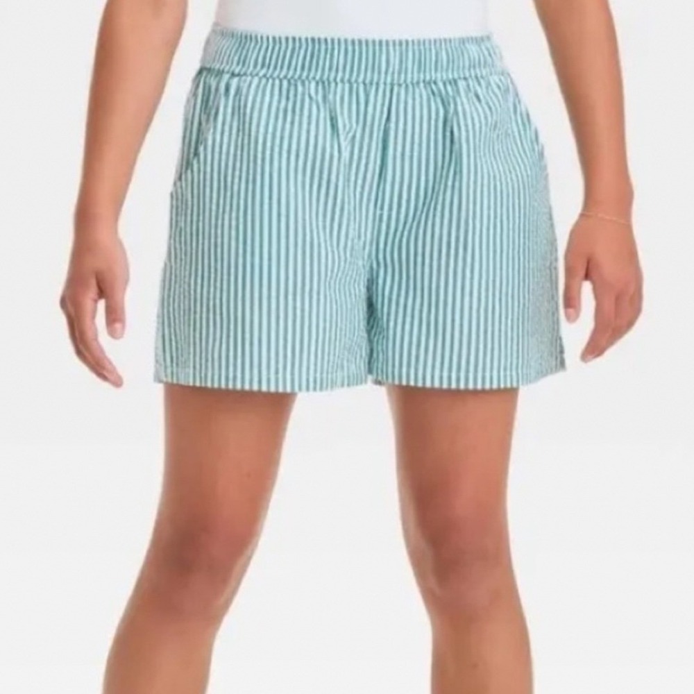 Cat & Jack Seersucker Shorts Girls XXL 16/18 Green Striped New Elastic Waist
